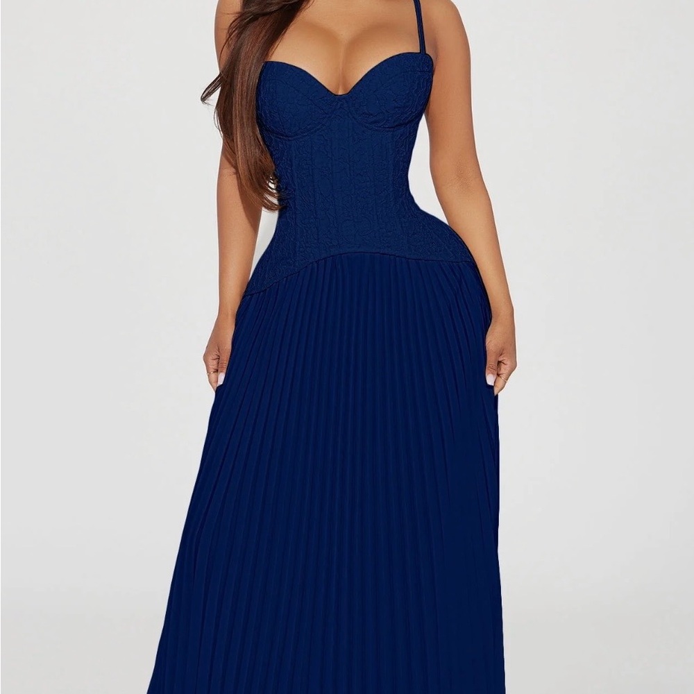 Daniella Fashion Nova Navy Blue Pleated Maxi Dress with Corset Bodice.